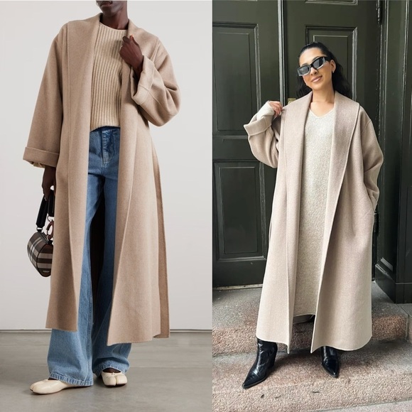 By Malene Birger Coat Trullem Belted Wool Shawl Grey Brown Melange 40 EUC - Picture 11 of 13